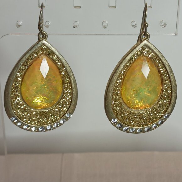 Gold Tone Yellow Stone Earrings - Picture 2 of 7